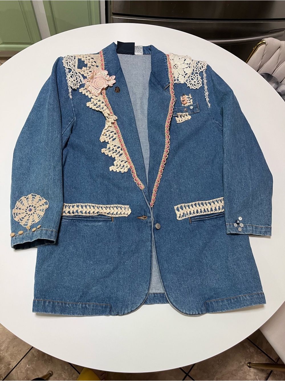 VTG Jordache Upcycled Lace Denim Blazer Jacket